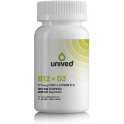 Unived Vegan B12 + D3, B12 (1500 мкг метилкобаламіну), D3 (2500 МО, лишайник), B9 (500 мкг 5-MTHF) і морінга, імунітет кісток і серця, енергія та метаболізм, 60c