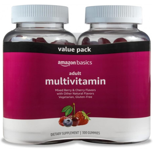 Amazon Basics Adult Multivitamin for Men & Women, 300 цукерок з вітамінами A, C, D, E, B-6 і B-12, 150 шт. (упаковка з 2 шт.) (150-денний запас) (раніше Solimo)