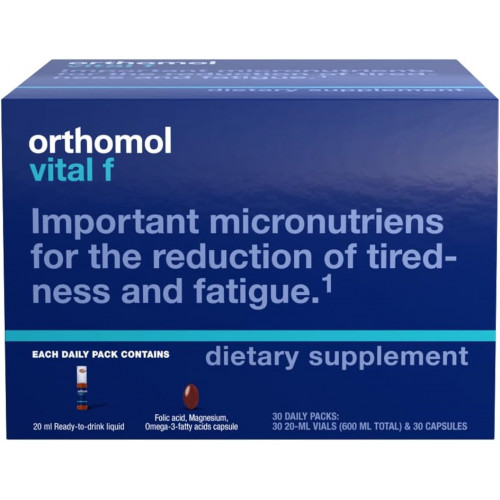 Orthomol Vital F у флаконі, полівітаміни для жінок, 30-денний запас, вітаміни A, B, C, D, E, K, кальцій, йод, омега-3…