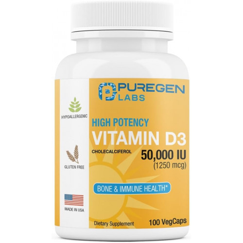 Puregen Labs Вітамін D3 50 000 МО (1250 мкг) 100 тижнів для здорової роботи м’язів і підтримки імунітету, без ГМО, без глютену, 100 рослинних капсул