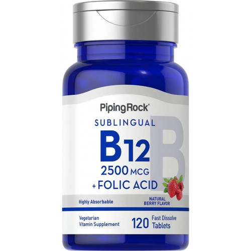 Piping Rock Vitamin B12 Сублінгвальний 2500 мкг | 120 таблеток | Ягідний смак | з фолієвою кислотою | Вегетаріанська добавка без ГМО, без глютену