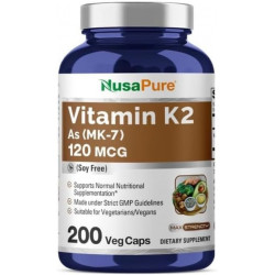 NusaPure Vitamin K2 MK7 120 мкг 200 вегетаріанських капсул (без сої, без ГМО, для веганів)