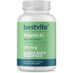 BESTVITE Вітамін K2 100 мкг як MK-7 з запатентованим K2VITAL (120 вегетаріанських капсул) - Без стеаратів - Веганський - Без ГМО - Без глютену