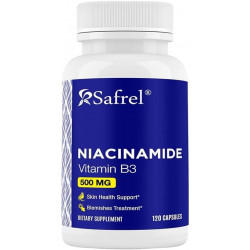 Safrel Niacinamide 500 мг (вітамін B3) - 120 капсул - Здоров'я шкіри та підтримка плям - Без ГМО, без глютену - Формула без змивання - для чоловічого та жіночого здоров'я