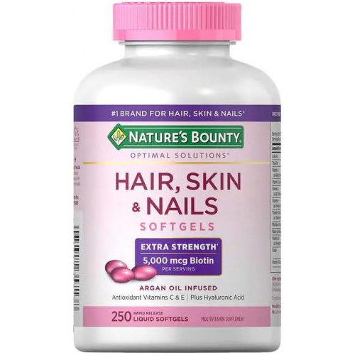 Natures Bounty Hair, Skin and Nails, 250 капсул | 5000 мкг біотину на порцію | Підтримує блискуче волосся, здорові нігті та живу шкіру