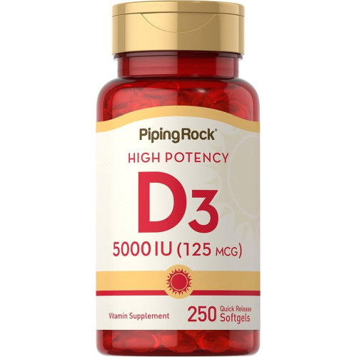 Piping Rock Vitamin D3 5000 МО | 250 капсул | Добавка високої ефективності | Без ГМО, без глютену