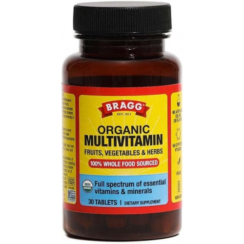 Bragg Daily Multivitamin для жінок і чоловіків - органічна добавка до цільної їжі з вітаміном A, вітаміном C, вітаміном D3, вітаміном E, вітаміном K, біотином тощо - 30 таблеток