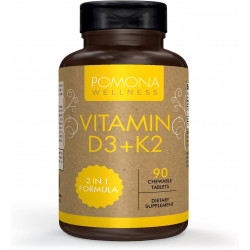 Pomona Wellness Vitamin D-3 з вітаміном K-2: підтримує кістки, імунну підтримку та здоров’я серця, 2000 МО вітаміну D3 та 75 мкг вітаміну K2 MK-7, веганський, без ГМО, 90 жувальних таблеток