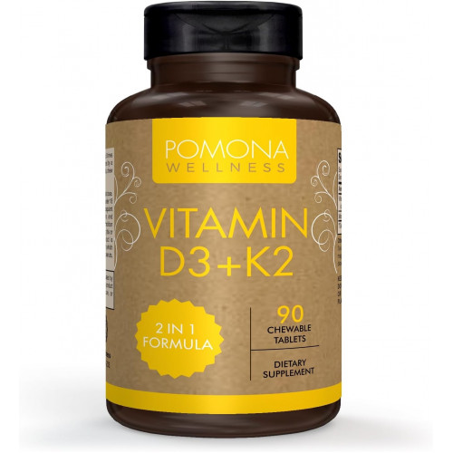 Pomona Wellness Vitamin D-3 з вітаміном K-2: підтримує кістки, імунну підтримку та здоров’я серця, 2000 МО вітаміну D3 та 75 мкг вітаміну K2 MK-7, веганський, без ГМО, 90 жувальних таблеток