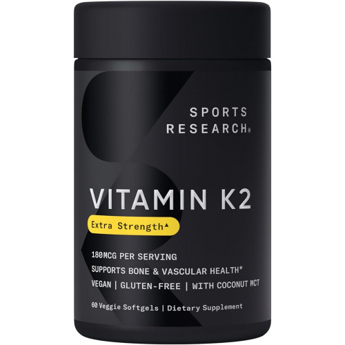 Sports Research Vitamin K2 MK7 180 мкг з кокосовою олією - 60 вегетаріанських м'яких капсул - сертифіковано для веганів, перевірено без ГМО та без глютену