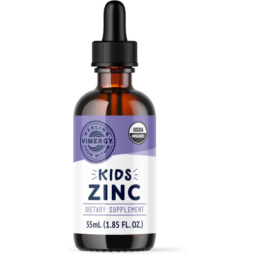 Vimergy Kids Organic Liquid Zinc – Швидке поглинання, підтримка імунітету* – Сприяє здоров’ю кісток і шкіри – USDA Organic, кошерний, веганський, без ГМО – 55 мл