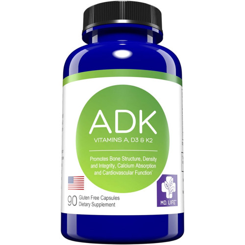 MD.LIFE A D K Vitamin Supplement - Вітамін D3 K2 і A - 90 капсул - Підтримка здоров'я кісток і серця - Високоефективна вітамінна добавка ADK - ADK Complex