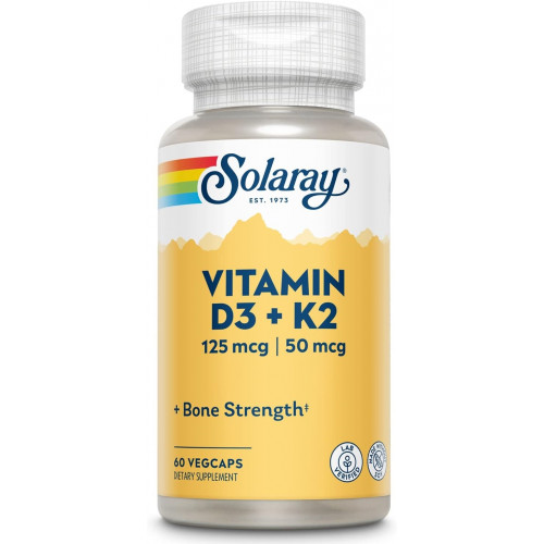 SOLARAY Vitamin D3 K2, K2 D3 Вітамінна добавка для засвоєння кальцію, міцності кісток, підтримки серцево-судинної та імунної функції, виготовлено без сої, 60-денна гарантія, 60 порцій, 60 овочевих капсул