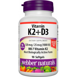 Webber Naturals Vitamin K2 MK-7 (120 мкг) з вітаміном D3 (1000 МО), 90 м’яких капсул, підтримує кістки, зуби та серцево-судинну систему, вітамінна добавка, без глютену та без ГМО