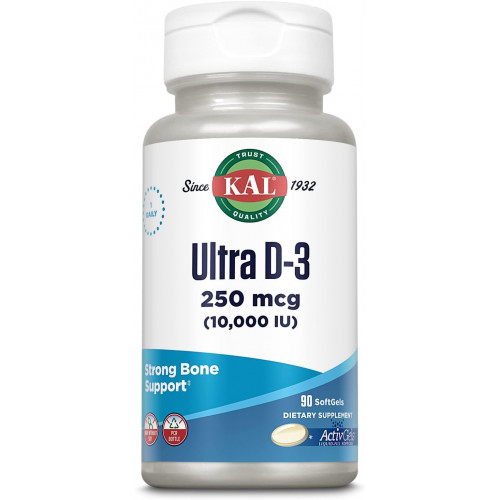 KAL Ultra Vitamin D3 10000 МО м’яких капсул (250 мкг), високоактивний вітамін D, добавка для засвоєння кальцію, здоров’я кісток та імунної підтримки, наповнені рідиною ActivGels, виготовлені без сої, 90 порцій, 90 м’яких капсул