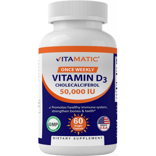 Vitamatic Вітамін D3 50 000 МО (у вигляді холекальциферолу), однотижнева доза, 1250 мкг, 60 вегетаріанських капсул на 1 рік, прогресивна формула, що допомагає при дефіциті вітаміну D (60 штук (упаковка по 1))