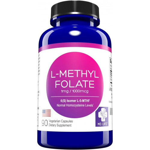 MD Life L Methylfolate 1mg - Активна метилфолатна добавка професійного рівня - Максимальна ефективність MTHFR Supplements - L метилфолат 1mg 90 капсул - незамінні амінокислоти