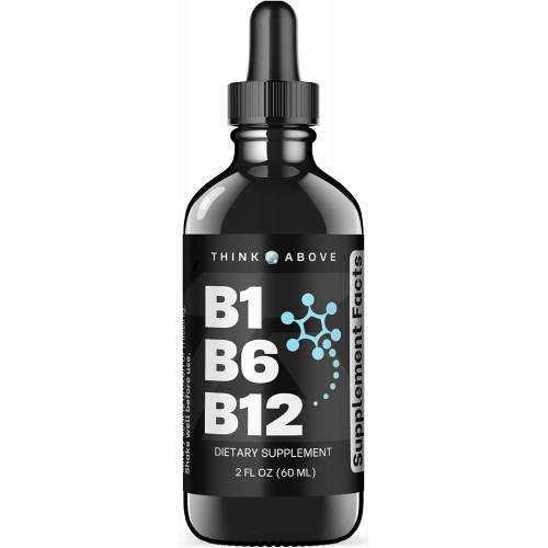 B1 B6 B12 Vitamin Liquid Drops - Добавка для підтримки нервів, енергії та мозку - Фруктовий смак - Метилкобаламін, тіамін, піридоксин - 60-денний запас - 2 унції - для чоловіків і жінок - Просто зроблено