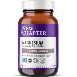 New Chapter Magnesium + Ashwagandha Supplement, 325 мг з гліцинатом магнію, 2,5-кратне поглинання, відновлення м’язів, здоров’я серця та кісток, заспокоєння та розслаблення, без глютену, без ГМО – 60 ct (запас на 2 місяці)