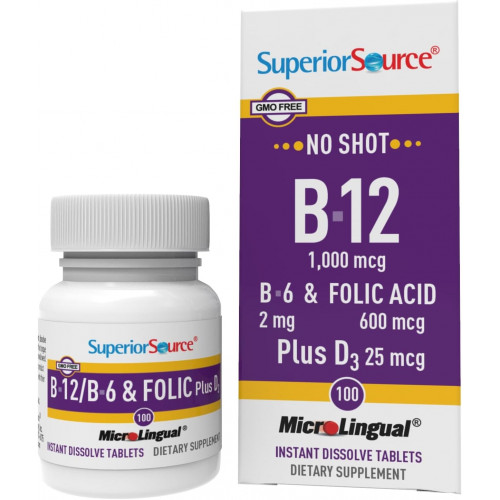 Вітамін B12, ціанокобаламін, 1000 мкг, B6, фолієва кислота, вітамін D 1000 МО, швидкорозчинні мікролінгвальні таблетки, 100 Ct, здоров’я кісток, енергетичний метаболізм, підтримка імунітету, без ГМО.