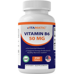 Vitamatic Vitamin B6 (Pyridoxine HCI), 50 мг, 250 вегетаріанських таблеток - Сприяє виробленню енергії, прискорює метаболізм і підтримує здоров'я імунітету