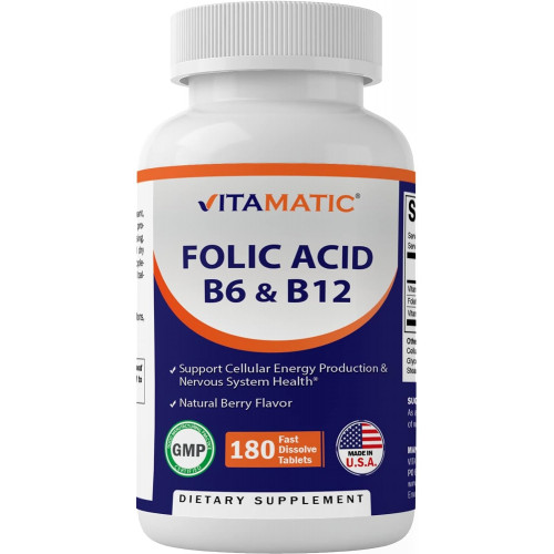 Vitamatic Folic Acid B12 B6 - Здоров'я серця, енергія та підтримка еритроцитів - 180 швидкорозчинних таблеток