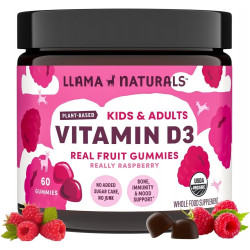 Llama Naturals Real Fruit Вітамін D3 Gummies Kids & Adults; Без додавання цукрової тростини, органічний, веганський, здорові кістки, імунітет, настрій, для жінок, чоловіків, дітей; 200% DV кожен; 60 ct (30-60 днів) (малина)