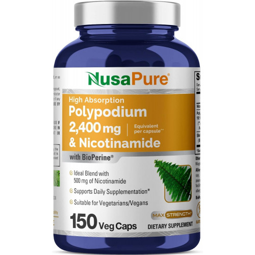 NusaPure Нікотинамід 500 мг Polypodium Leucotomos Extract 2400 мг на веганські капсули - 150 штук (без ГМО, без глютену, біоперин)