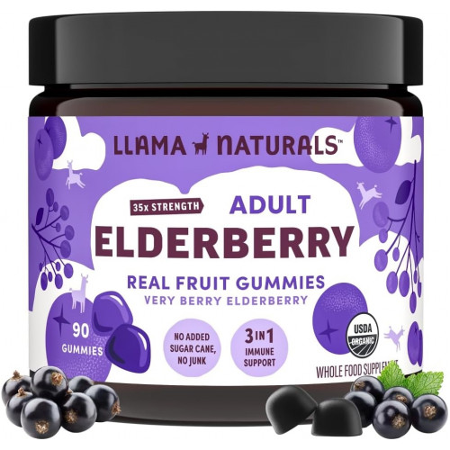 Llama Naturals Real Fruit Sambucus Elderberry Gummies для взрослых | Без добавления сахарного тростника, веганские, органические Поддержка иммунитета | Цинк и натуральный витамин C | Иммунитет для женщин, мужчин | 90 жевательных конфет (30 дней)