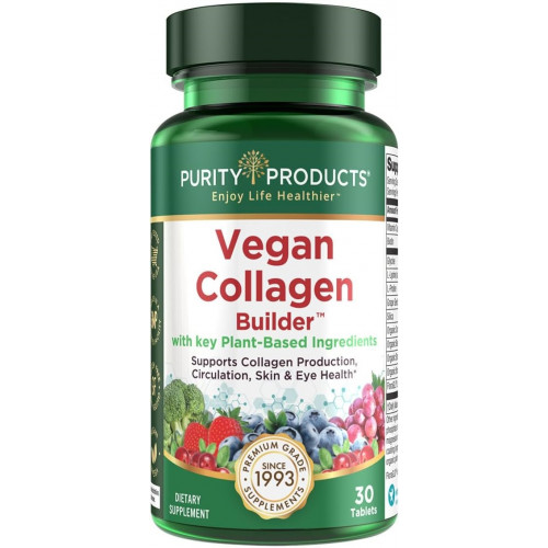 Vegan Collagen Builder - органічні цільні продукти, фрукти + овочі, діоксид кремнію, лютеїн, вітамін С, біотин, виноградні кісточки - амінокислоти, гліцин, лізин + пролін, стимулятори колагену - один раз на день - 30 таблеток