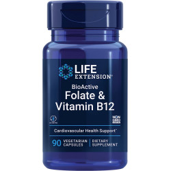 Life Extension BioActive Folate & Vitamin B12, сприяє здоров’ю серця, мозку та шлунково-кишкового тракту, без ГМО, без глютену, вегетаріанський, 90 капсул