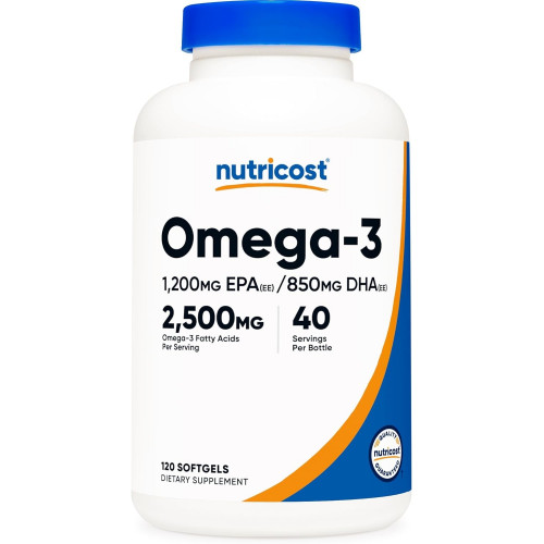 Nutricost Omega 3 Fish Oil - 2500 мг, 120 мягких капсул (40 порций) - Рыбий жир, выловленный в дикой природе! 1200 мг EPA 850 мг DHA - Без ГМО, без глютена