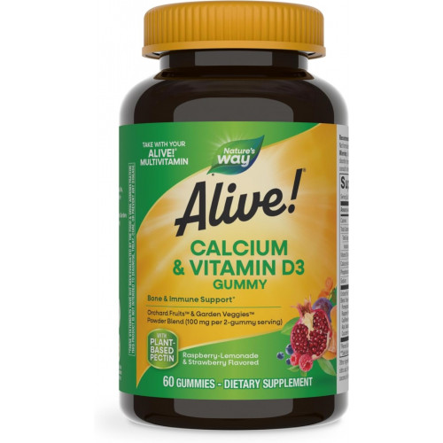 Nature's Way Alive! Жукальні цукерки Daily Calcium & Vitamin D3, Bone Support*, Immune Support*, Strawberry and Raspberry-Lemonade Flavored, 60 Gummies (упаковка може відрізнятися)