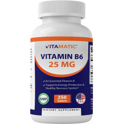 Vitamatic Vitamin B6 (Pyridoxine HCI), 25 мг, 250 вегетаріанських таблеток - Сприяє виробленню енергії, прискорює метаболізм і підтримує здоров'я імунітету