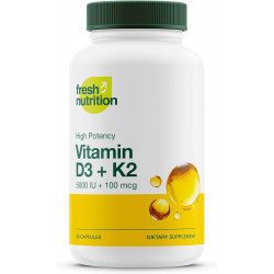 Веганские капсулы Fresh Nutrition с витамином D3 + K2 — 5000 МЕ D3 + 100 мкг K2 в виде МК-7 для оптимального усвоения — здоровье иммунитета, здоровье костей, настроение — без ГМО — 90 капсул, запас на 3 месяца