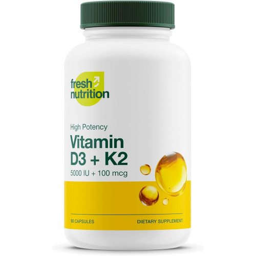 Веганський вітамін D3 + капсули K2 від Fresh Nutrition - 5000 МО D3 + 100 мкг K2 як MK-7 для оптимального засвоєння - Здоров'я імунітету, здоров'я кісток, настрій - Без ГМО - 90 капсул, запас на 3 місяці