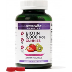 NatureWise Biotin Gummies - Вітамін для волосся, шкіри та нігтів - Біотин 5000 мкг підтримує міцність волосся та нігтів - Смак полуниці та ківі - Веганський, без ГМО, без глютену - 60 штук [1-місячний запас]