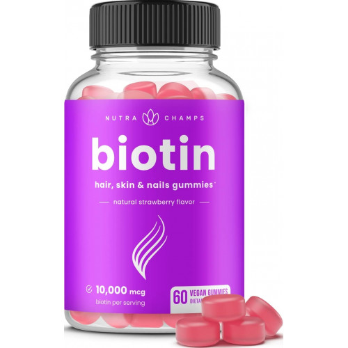 NutraChamps Biotin Gummies 10000 мкг [Висока ефективність] для здорового волосся, шкіри та нігтів Вітаміни для жінок, чоловіків і дітей - 5000 мкг у кожному Жукі вітаміни для волосся - веганська, без ГМО, добавка для здоров'я волосся