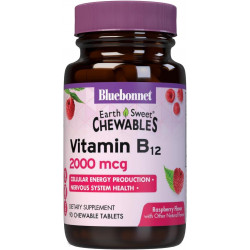 Bluebonnet Nutrition Earth Sweet Vitamin B12 2000 мкг жевательные таблетки, без сои, без глютена, кошерный сертифицированный, без молочных продуктов, веганский, со вкусом малины, 90 жевательных таблеток, 90 порций