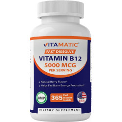 Vitamatic Витамин B12 5000 мкг на порцию Быстро растворяющиеся таблетки 365 — ягодный вкус — поддерживает энергетический обмен