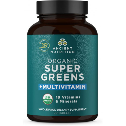 Organic SuperGreens і полівітамінні таблетки Ancient Nutrition з пробіотиками, виготовлені зі справжніх фруктів, овочів і трав, для травлення, детоксикації та підтримки енергії, 90 шт.