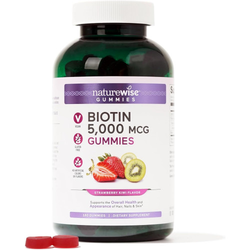 NatureWise Biotin Gummies - Витамины для волос, кожи и ногтей - Биотин 5000 мкг Поддерживает прочность волос и ногтей - Вкус клубники и киви - Веганские, без ГМО, без глютена - 180 штук [3-месячный запас]