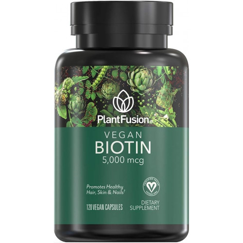 PlantFusion Vegan Biotin, Премиальный веганский биотин для женщин и мужчин (5000 мкг), натуральные витамины для волос, кожи и ногтей, 120 веганских капсул