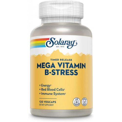 SOLARAY Mega Vitamin B-Stress, комплекс вітаміну B з тимчасовим вивільненням із 1000 мг вітаміну C для стресу, енергії, еритроцитів та підтримки імунітету, 60-денна гарантія, веганський, 40 порцій, 120 овочевих капсул