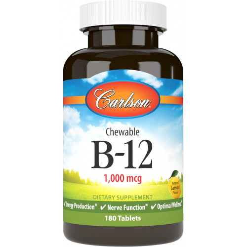 Carlson - Жувальний B-12, 1000 мкг, виробництво енергії, нервова функція та оптимальне самопочуття, лимон, 180 таблеток