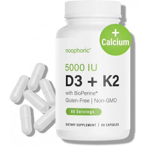 Noophoric D3 K2 Vitamin 5000 IU - Вітамін K2 100 мкг MK7, Кальцій, BioPerine - Здоров'я кісток і підтримка імунітету Добавка - Без глютену, без ГМО - Вітамін D3 K2 добавка (60 порцій)