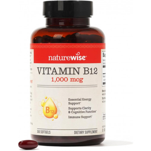 NatureWise Vitamin B12 1000 мкг - Вітамінна добавка B12 для підтримки рівня енергії, ясності розуму, здоров'я нервової системи - легко проковтнути, без глютену, без ГМО - 360 м'яких капсул [1 рік]