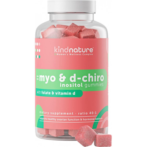 Жувальні цукерки Kind Nature Myo-Inositol & D-Chiro Inositol з вітаміном D і фолієвою кислотою - Ідеальне співвідношення 40:1 - СПКЯ добавки для фертильності, менструального та гормонального балансу - 30-денний запас