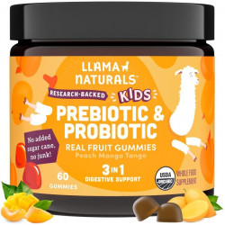 Llama Naturals Real Fruit Prebiotic & Probiotic Kids Gummies, без добавления сахарного тростника, веганские органические синбиотики, пищеварение у детей, боли в животе у малышей, здоровье кишечника, 2 млрд КОЕ, 60 шт. (30 дней), персик и манго