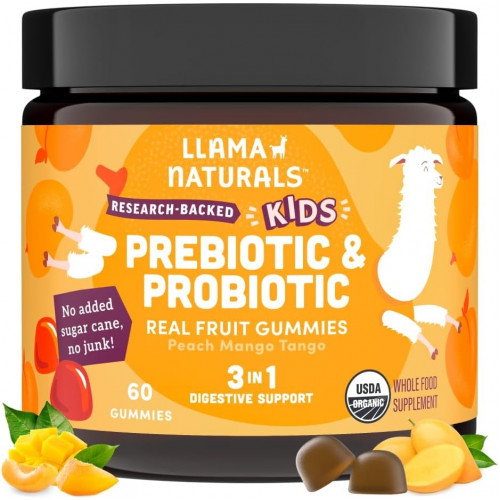 Llama Naturals Real Fruit Prebiotic & Probiotic Kids Gummies, без додавання цукрової тростини, веганські органічні синбіотики, дитяче травлення, дитячі болі в животику, здоров’я кишечника, 2B CFU, 60 ct (30 днів) персик манго